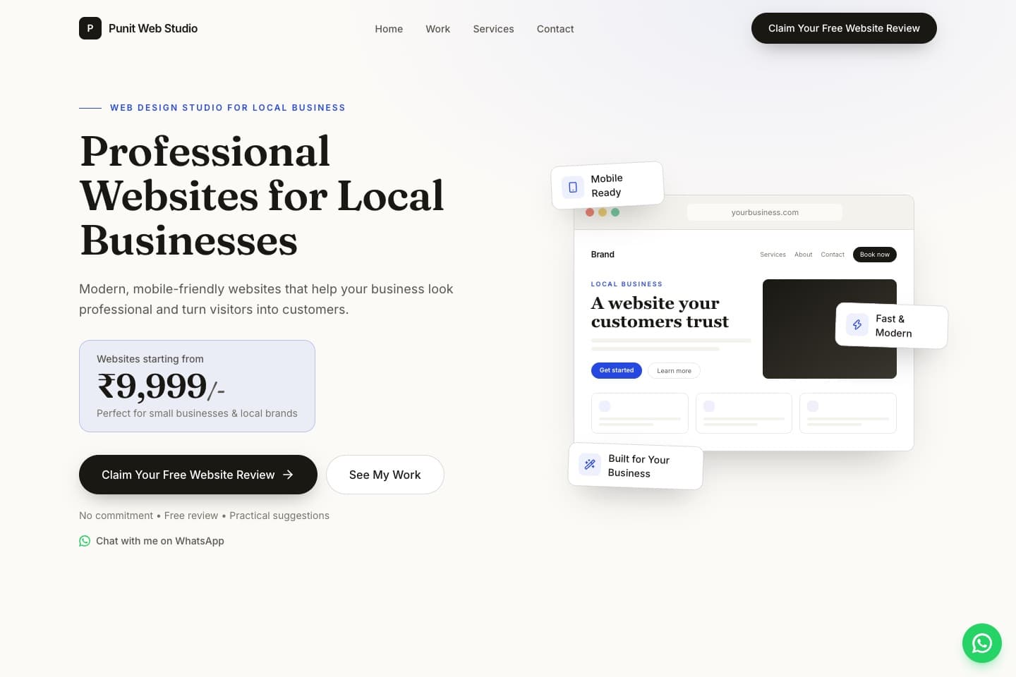 Homepage of Punit Web Studio, headlined 'Professional Websites for Local Businesses', with a call to claim a free website review beside an illustrated website mock-up.