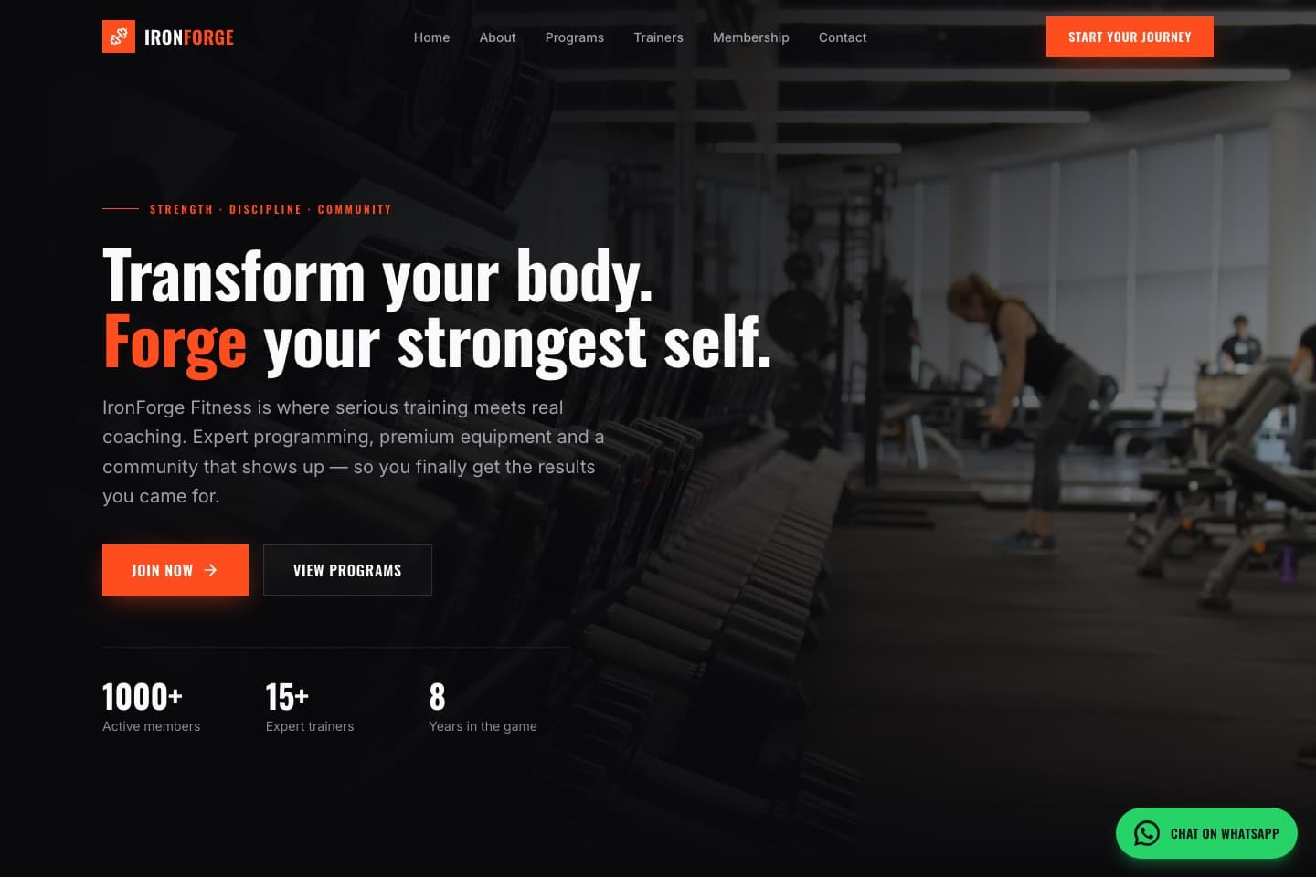 Homepage of the IronForge Fitness gym website demo, with a dark, bold hero section and membership call to action.