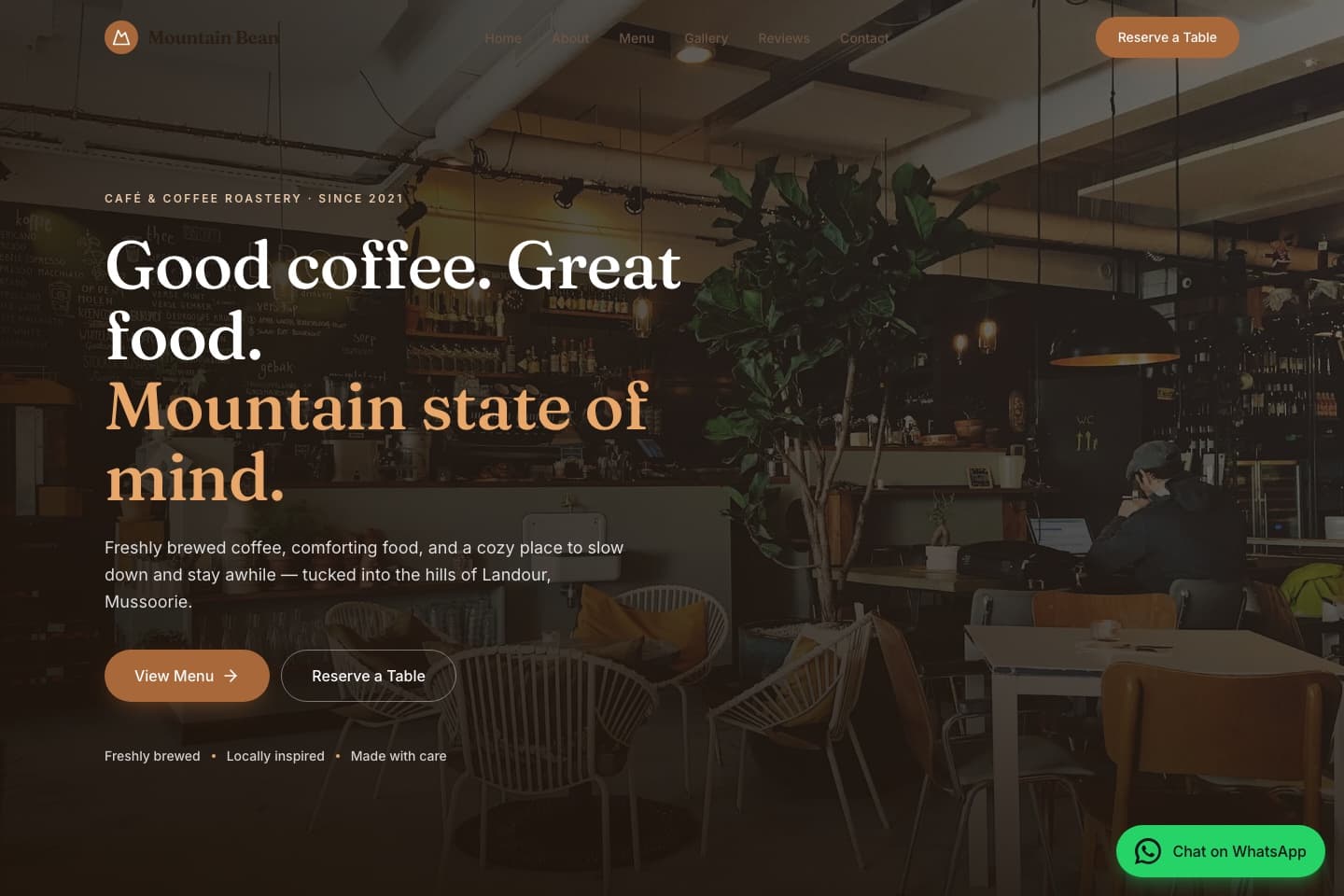 Homepage of the Mountain Bean Café restaurant website demo, with a warm, photo-led hero section.